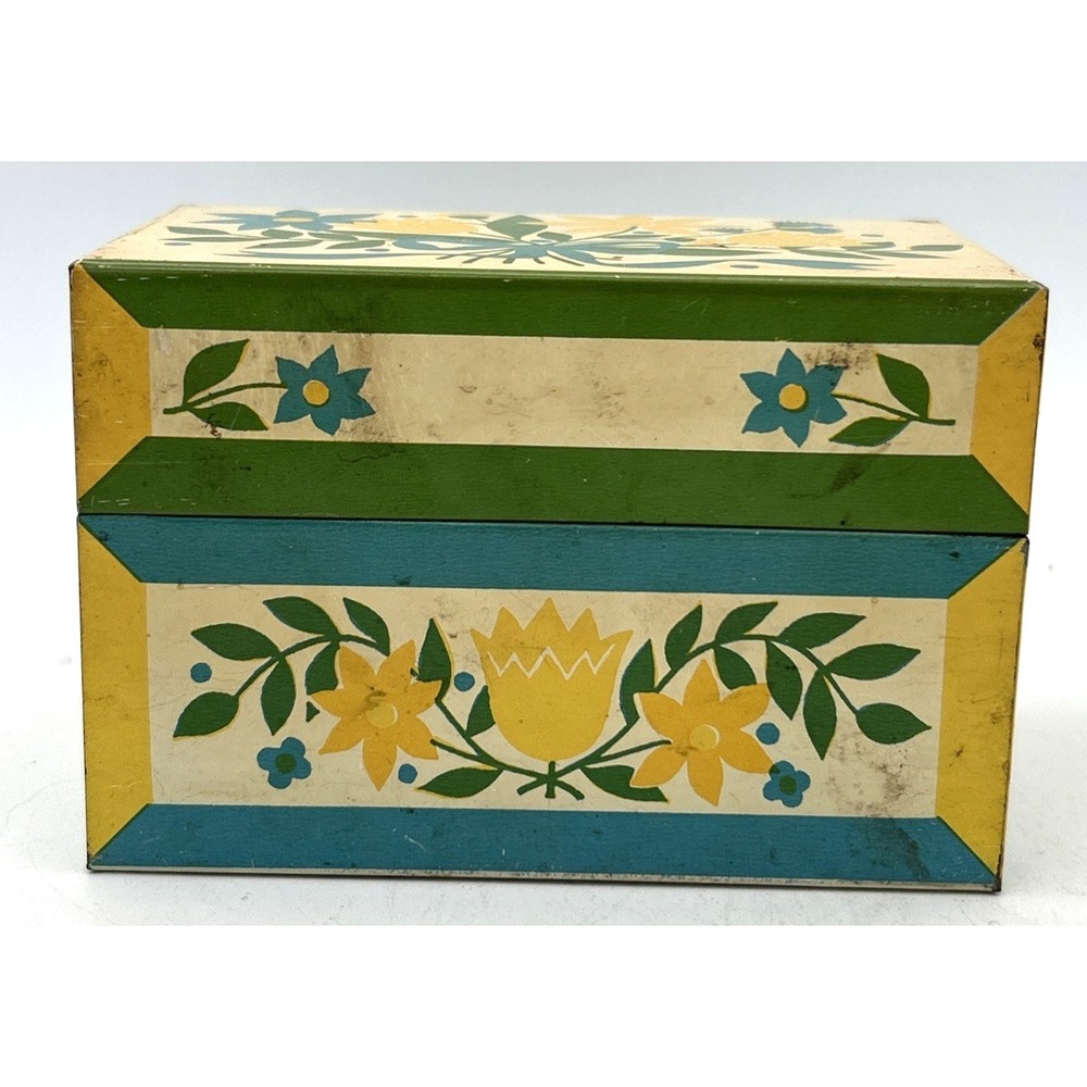 Vintage Metal Recipe Box Yellow Turquoise Floral Syndicate 5.25 X 3.25 X 3.25